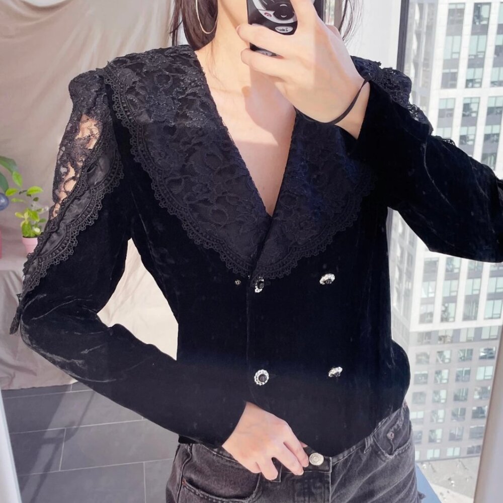 90s Velvet Floral Embroidered Blazer: Vintage Double-Breasted Lolita Jacket